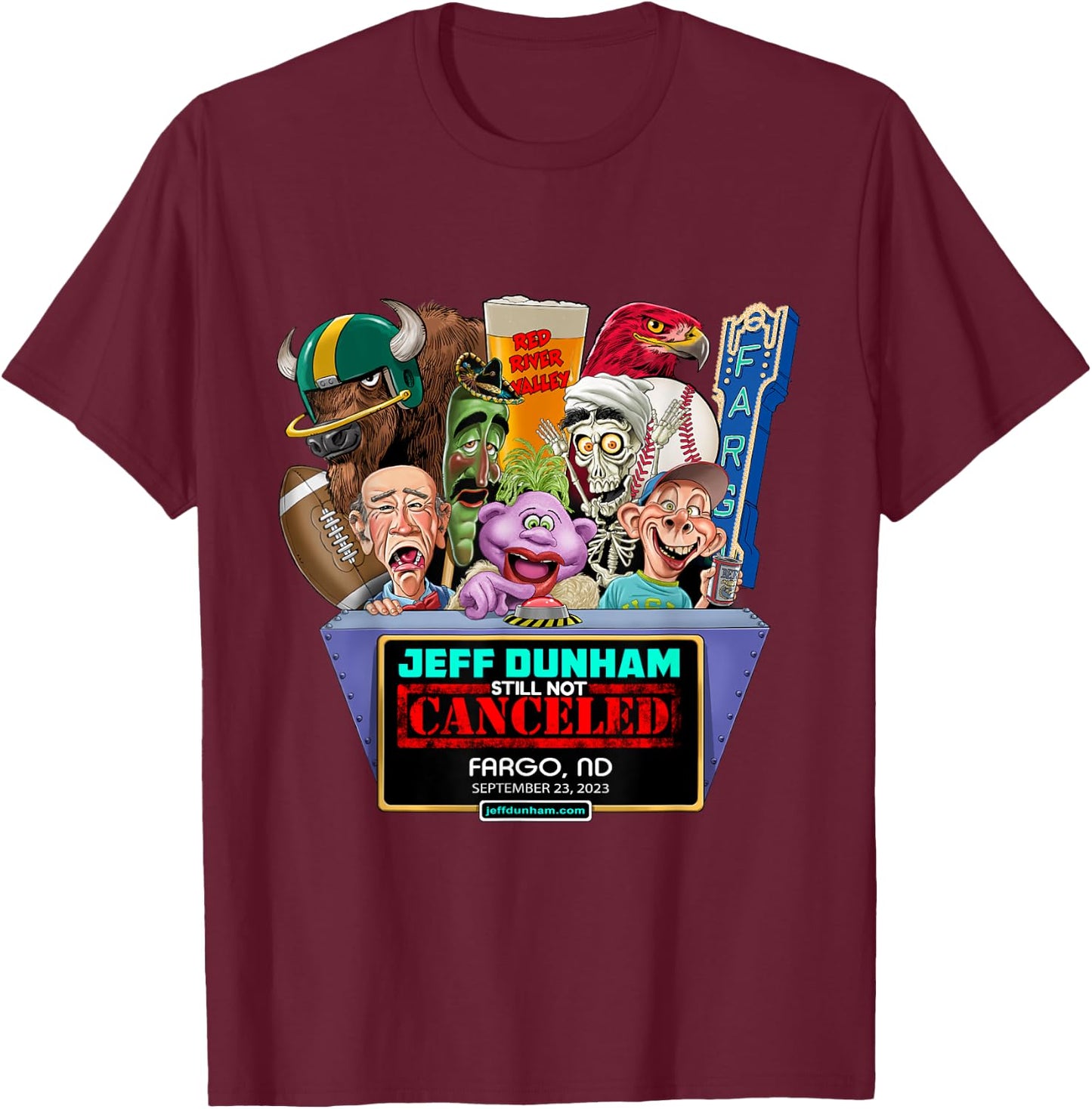 Jeff Dunham Fargo, ND (2023) T-Shirt - T-Shirt | Maroon