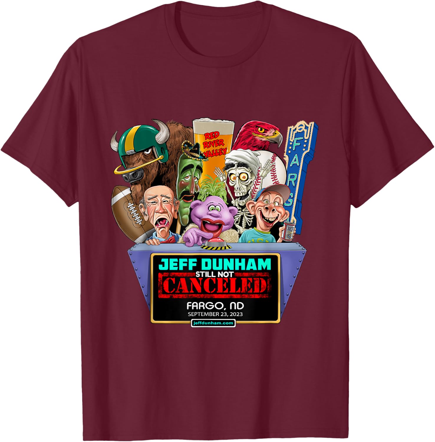 Jeff Dunham Fargo, ND (2023) T-Shirt - T-Shirt | Maroon