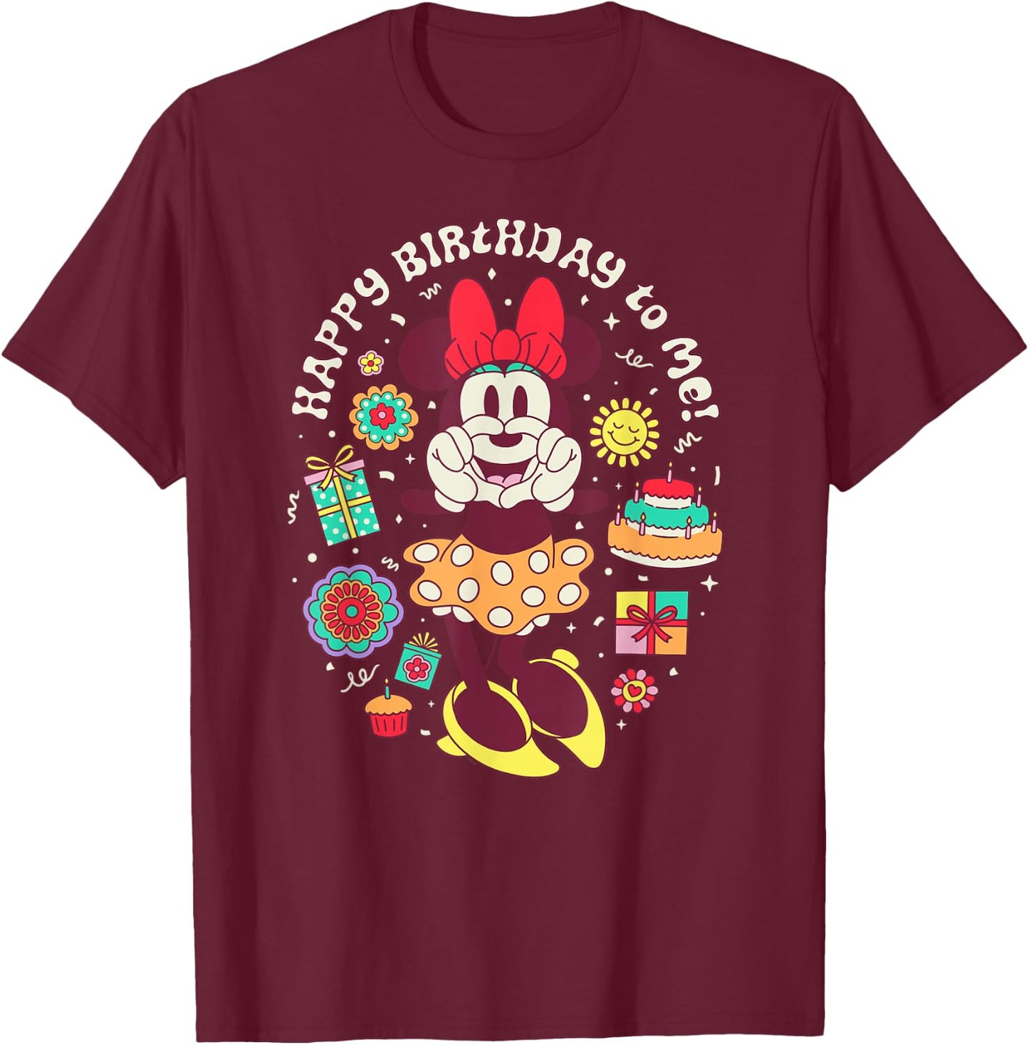 Disney Minnie Mouse Happy Birthday to Me Finger Heart Retro T-Shirt - T-Shirt | Maroon