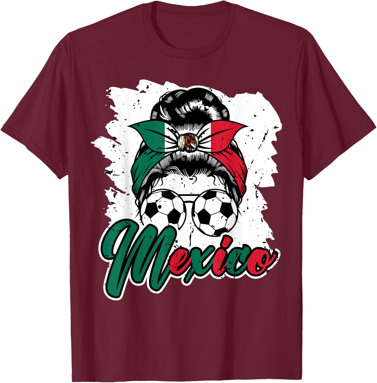 Soccer Mexico Messy Bun Mexican Flag Football Girls Women T-Shirt - T-Shirt | Maroon