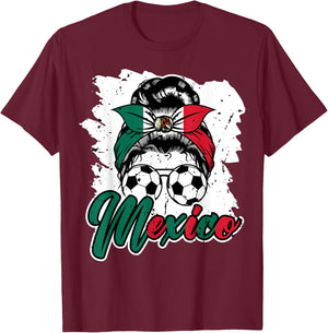 Soccer Mexico Messy Bun Mexican Flag Football Girls Women T-Shirt - T-Shirt | Maroon