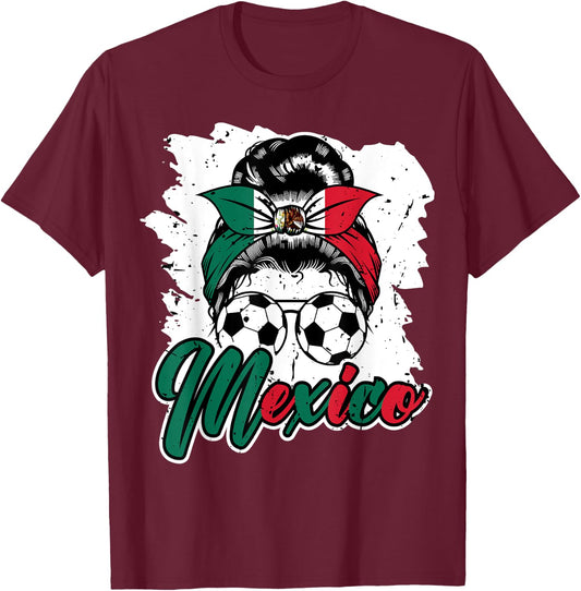 Soccer Mexico Messy Bun Mexican Flag Football Girls Women T-Shirt - T-Shirt | Maroon
