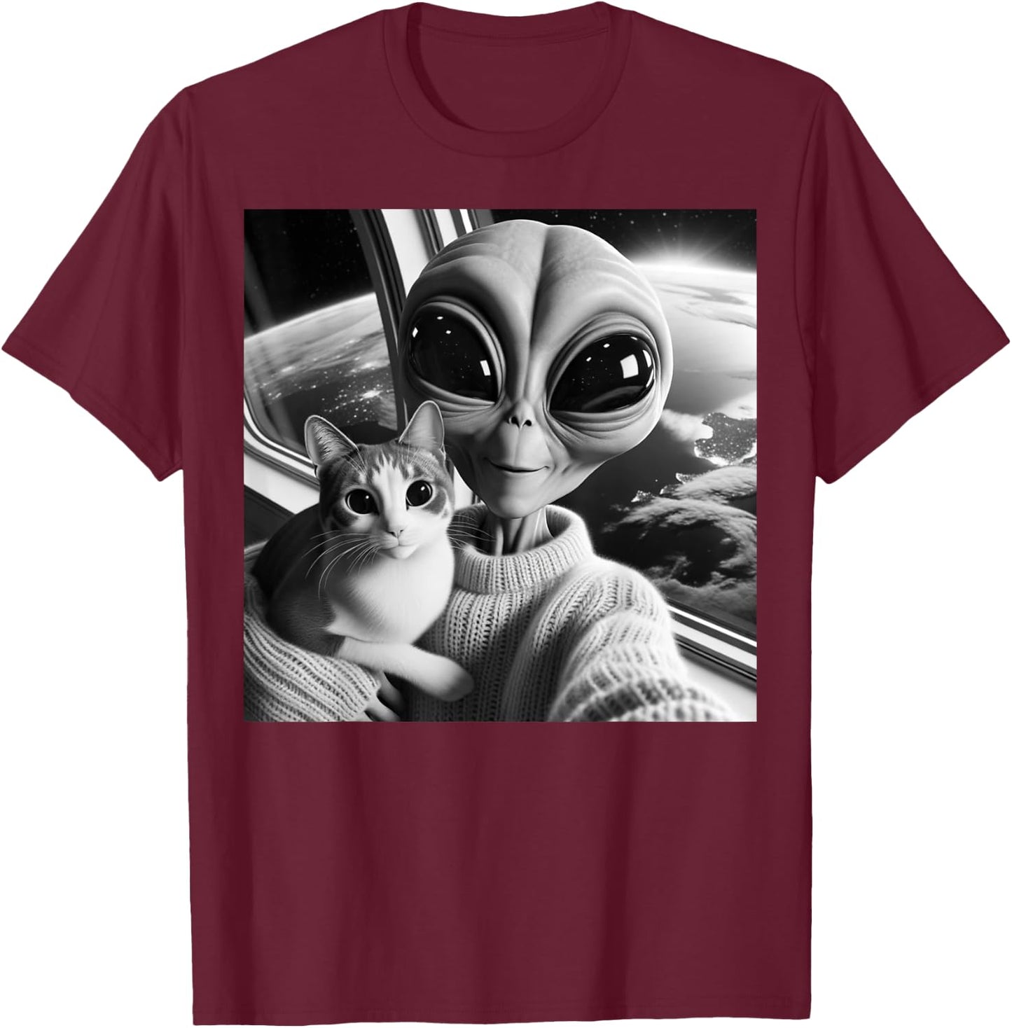 Cute Alien Cat Selfie Funny UFO Earth Photo Women Girls Kids T-Shirt - T-Shirt | Maroon