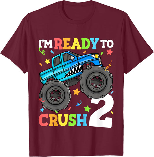 Kids Monster Truck Shark 2nd Birthday Boy Toddler 2 Two Year Old T-Shirt - T-Shirt | Maroon