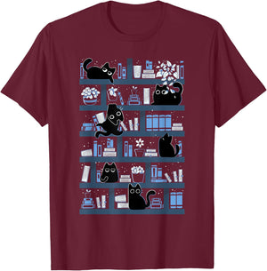 Purrfect Library Cats On A Bookshelf Cute Book Reader T-Shirt - T-Shirt | Maroon