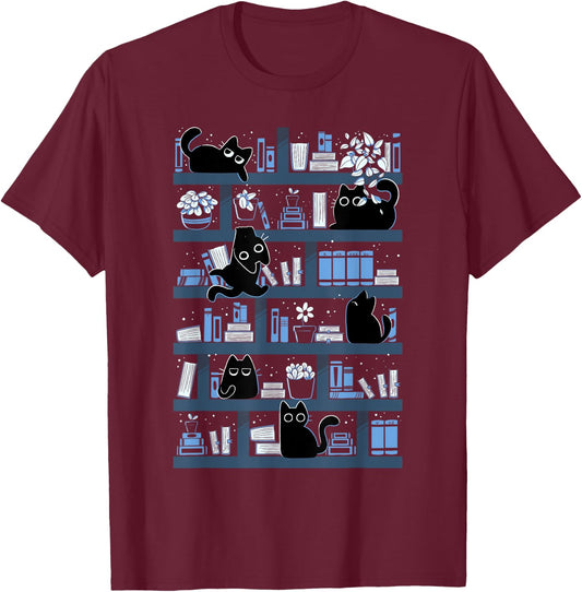Purrfect Library Cats On A Bookshelf Cute Book Reader T-Shirt - T-Shirt | Maroon