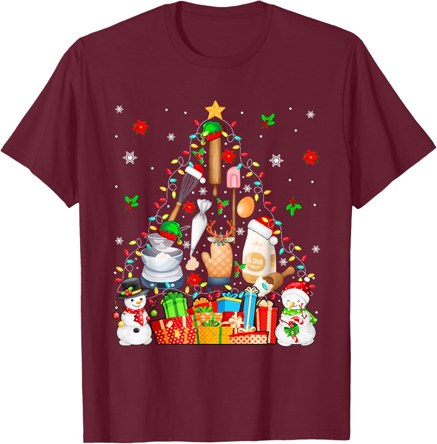 Baking Tools As Christmas Tree Xmas Lights Snowmen Baker T-Shirt - T-Shirt | Maroon