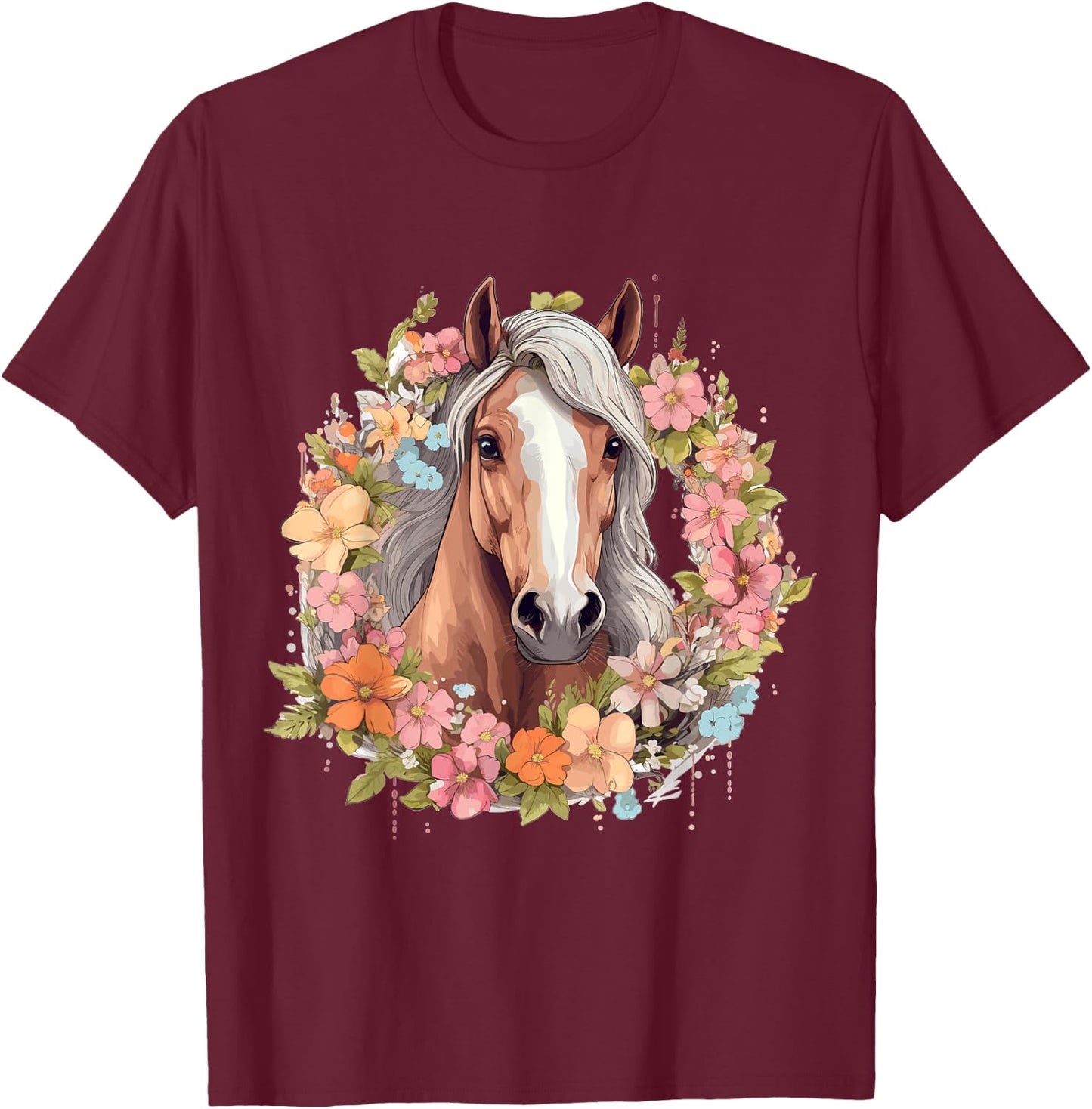 Horse Riding Horses with Flowers T-Shirt - T-Shirt | Maroon