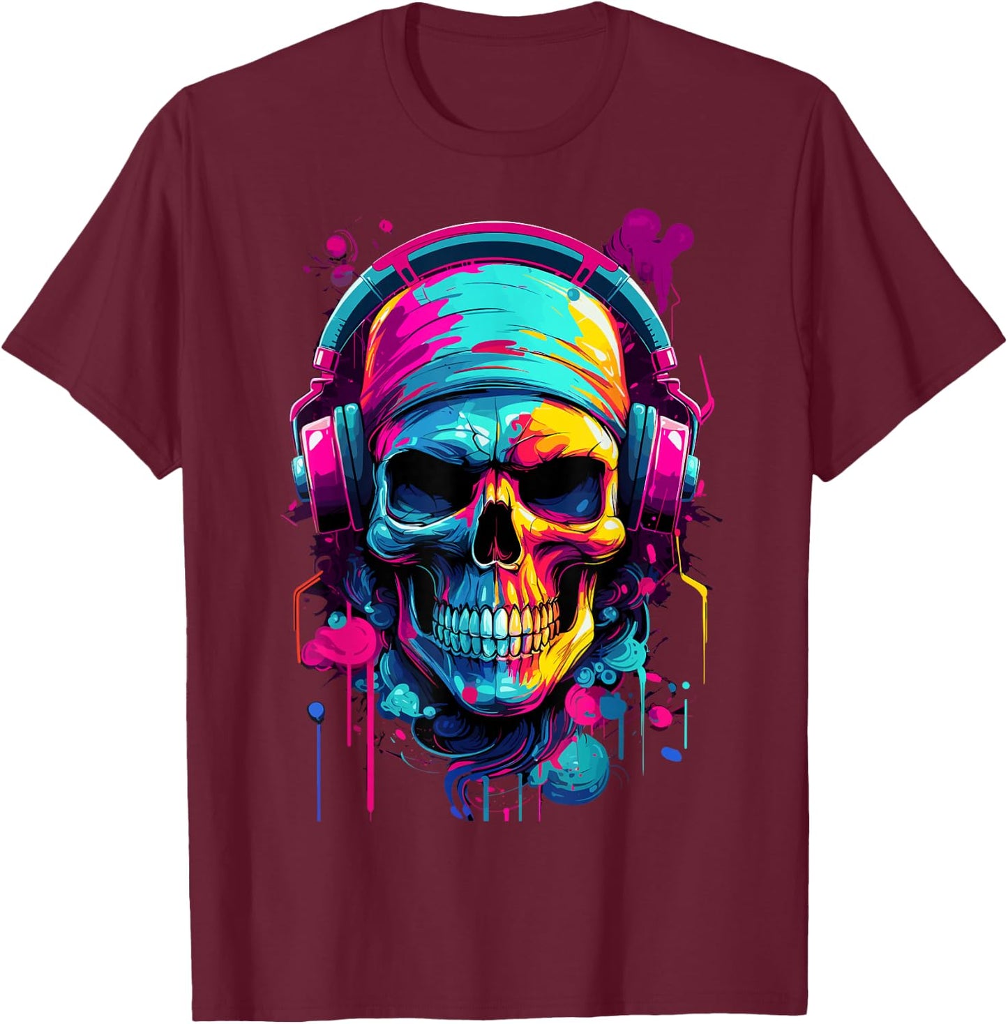 Colorful Skull With Headphones - Music Themed Horror T-Shirt - T-Shirt | Maroon