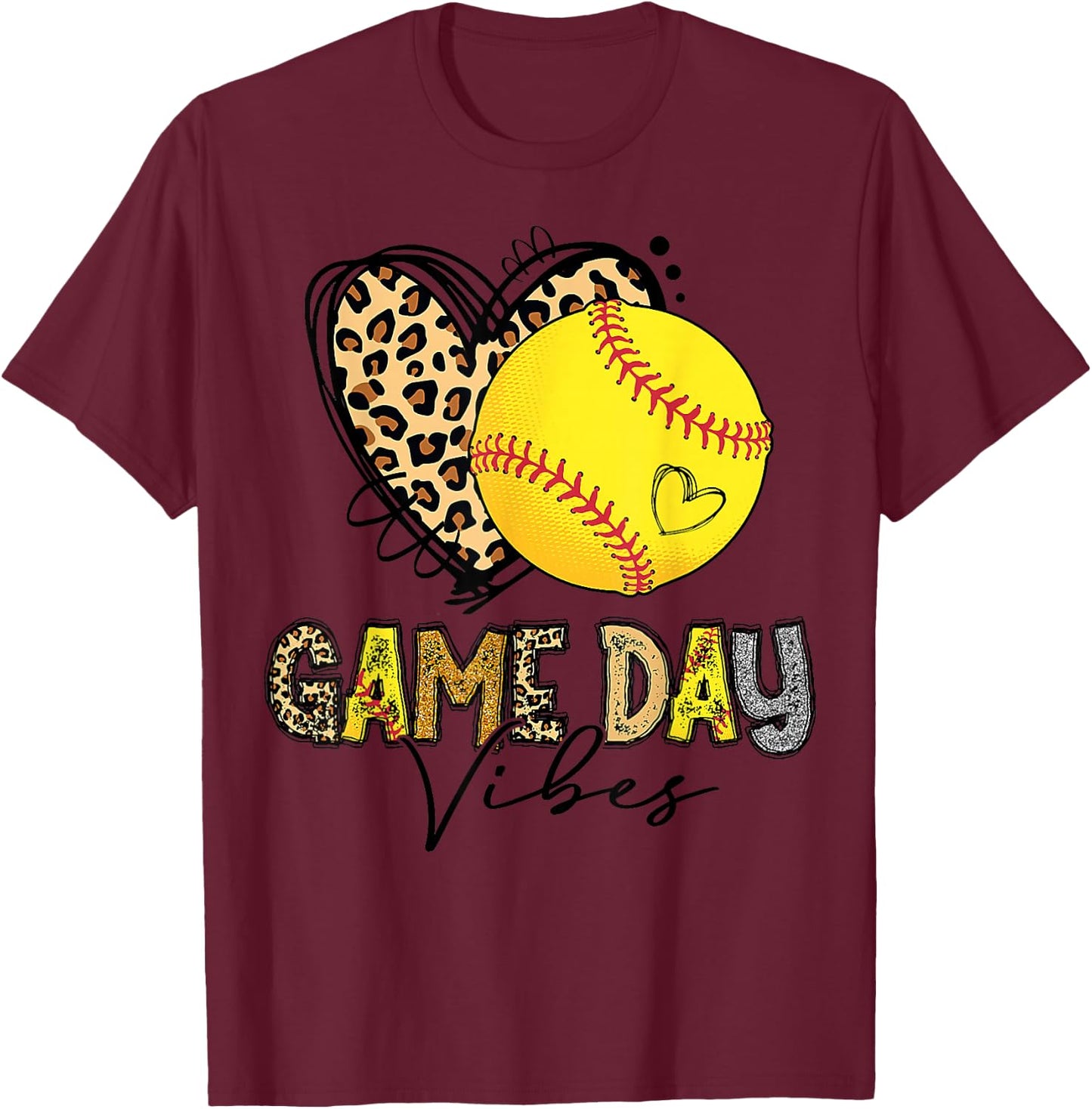 Bleached Softball Game Day Vibes Leopard Heart Headband Mom T-Shirt - T-Shirt | Maroon