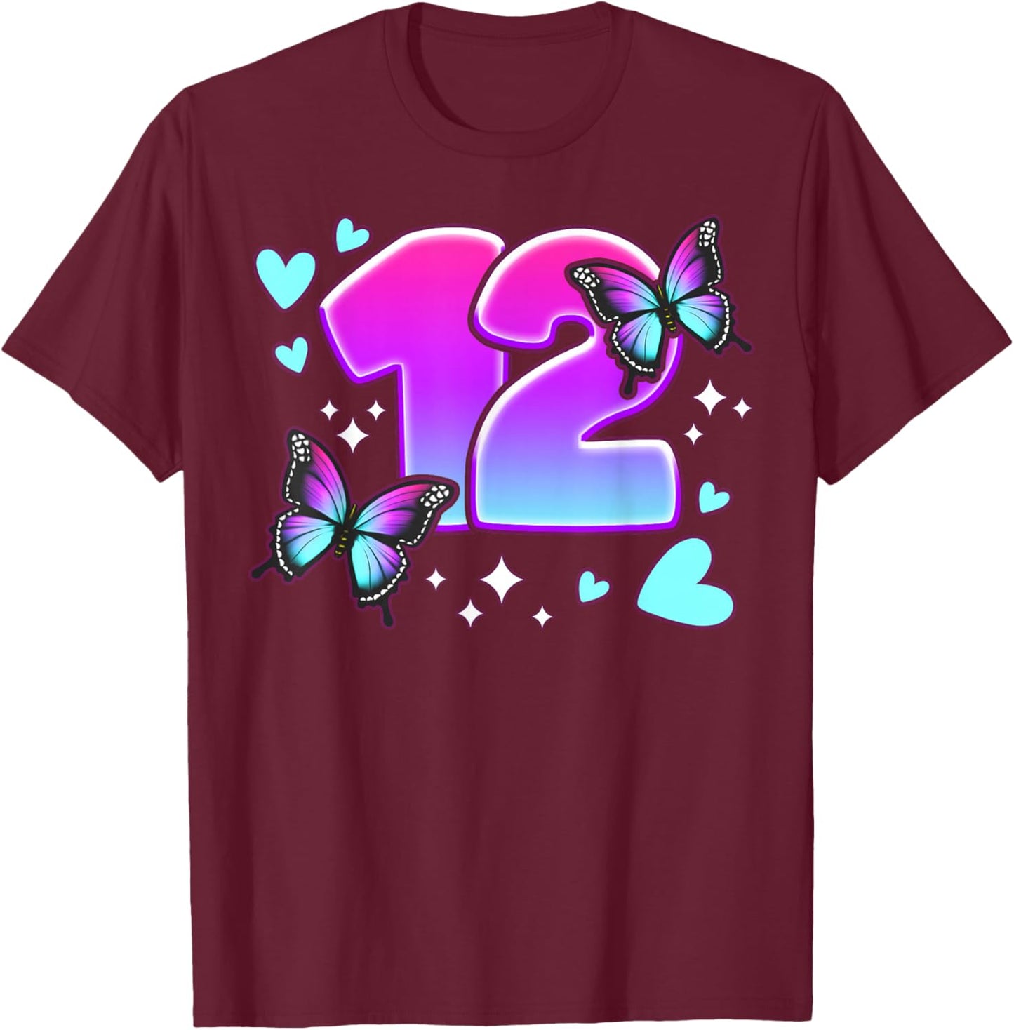 Birthday Girl 12 Years, Butterflies and Number 12 T-Shirt - T-Shirt | Maroon