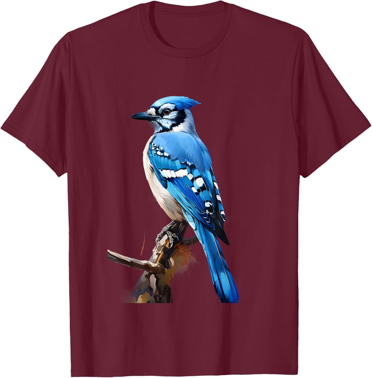 Realistic Blue Jay Gift on a Tree Branch T-Shirt - T-Shirt | Maroon