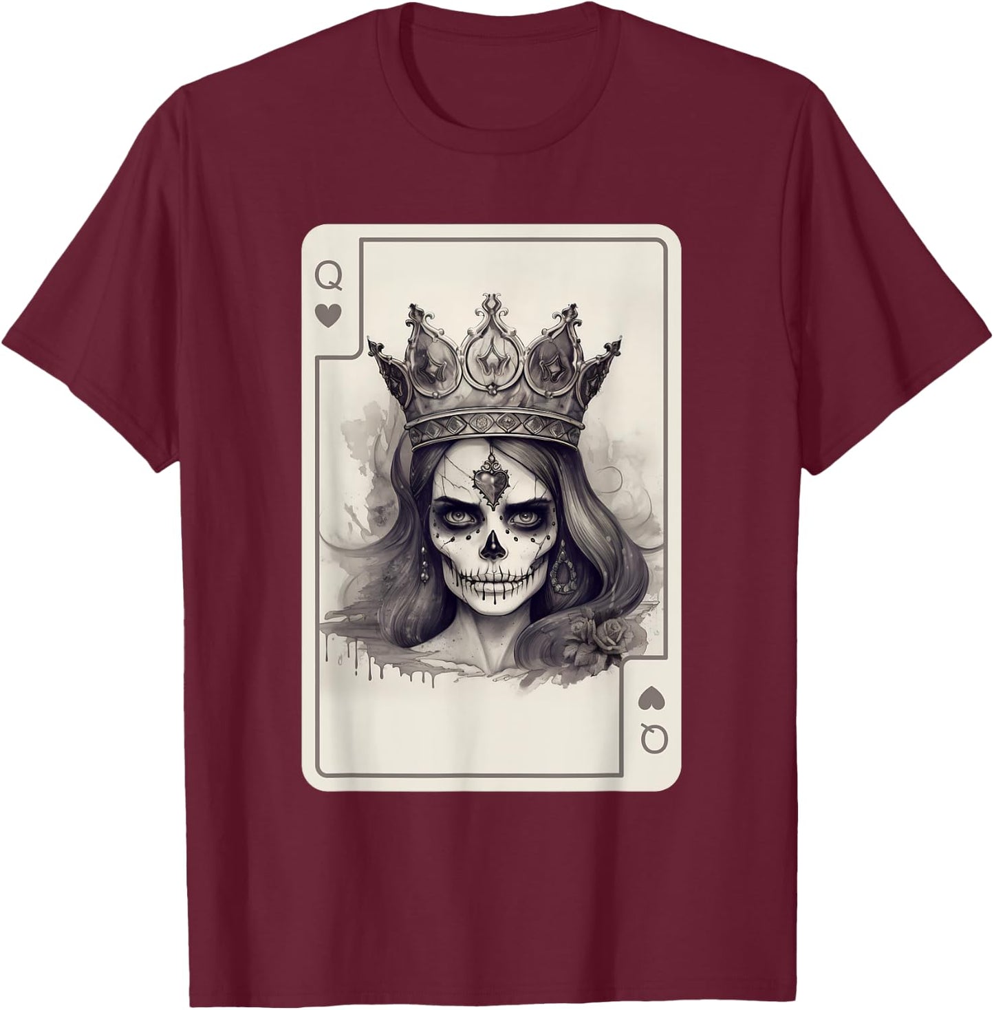 Queen of Hearts Gothic Poker Card Game Halloween Creepy T-Shirt - T-Shirt | Maroon