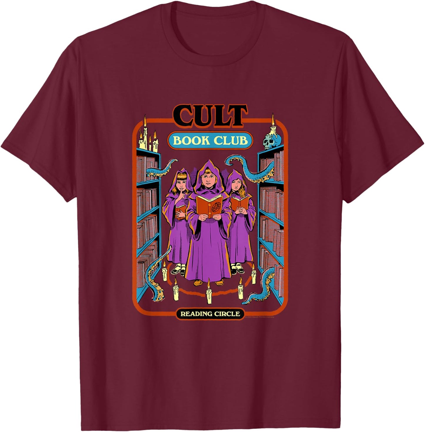 Steven Rhodes Cult Book Club Reading Circle Retro Dark Humor T-Shirt - T-Shirt | Maroon