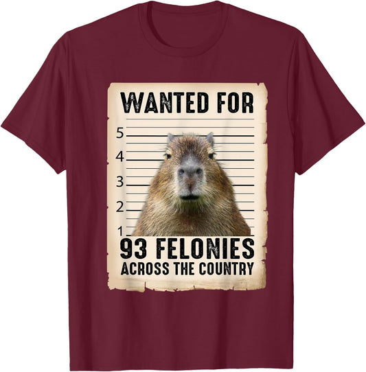 Capybara Gifts Wanted For 93 Felonies Across The Country T-Shirt - T-Shirt | Maroon