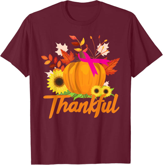 Breast Cancer Survivor Shirt Thankful Pink Ribbon Sunflower T-Shirt - T-Shirt | Maroon