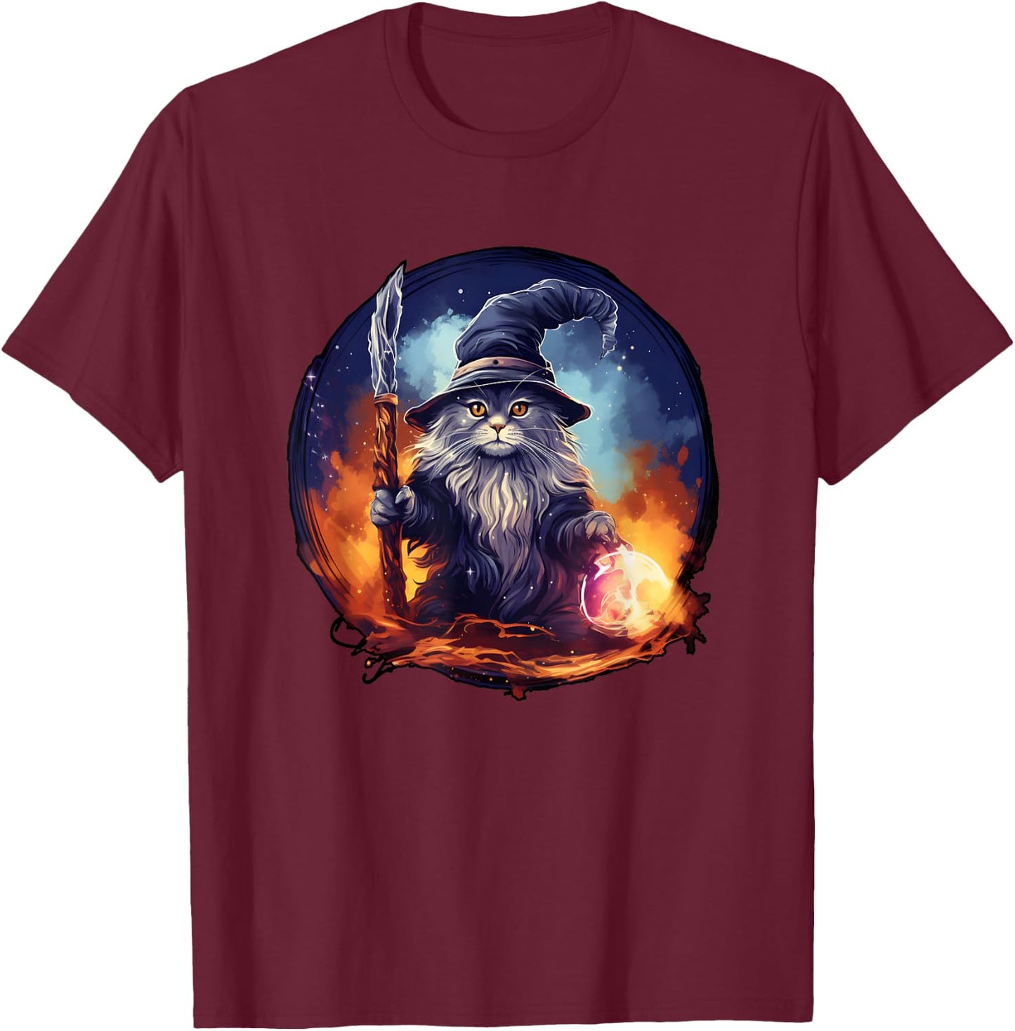 Magical Feline Sorcerer: Enchanting Wizard Cat T-Shirt - T-Shirt | Maroon