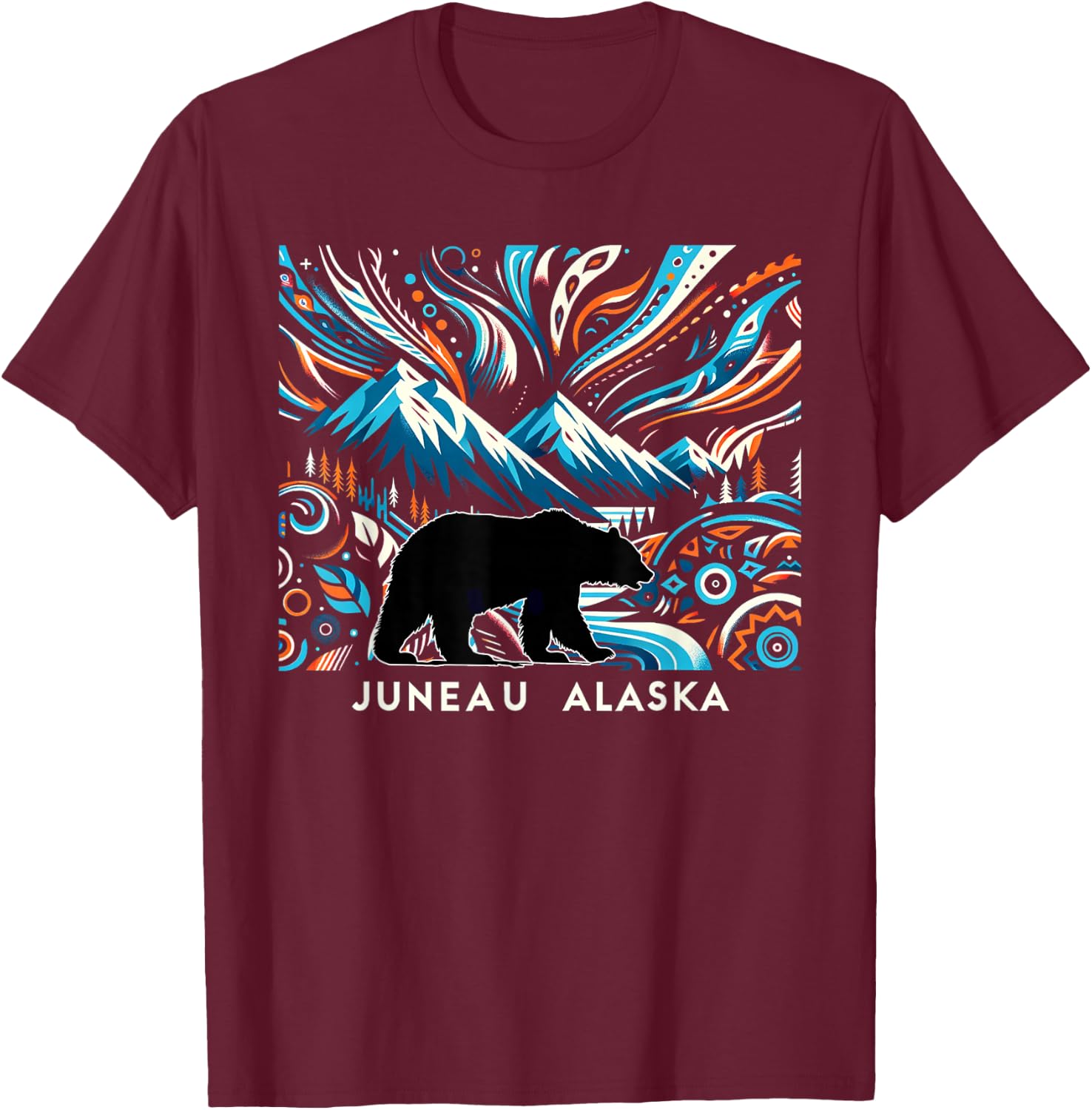 Alaska State Mountain With Bear Juneau Alaska Souvenir T-Shirt - T-Shirt | Maroon