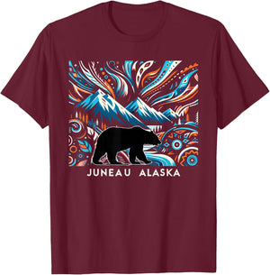 Alaska State Mountain With Bear Juneau Alaska Souvenir T-Shirt - T-Shirt | Maroon