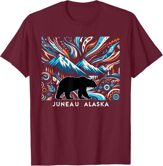 Alaska State Mountain With Bear Juneau Alaska Souvenir T-Shirt - T-Shirt | Maroon