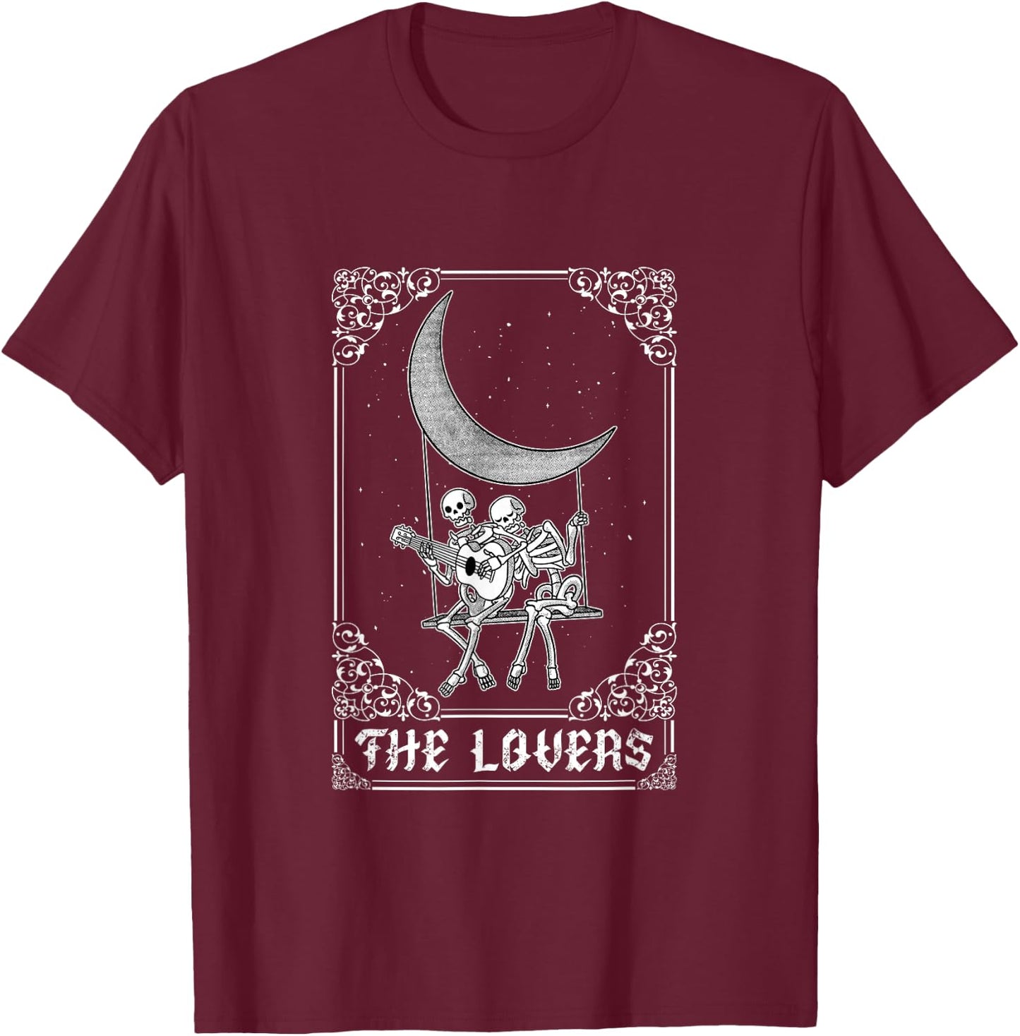 The Lovers Vintage Tarot Card Gothic Halloween Skeleton Moon T-Shirt - T-Shirt | Maroon