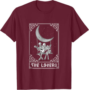 The Lovers Vintage Tarot Card Gothic Halloween Skeleton Moon T-Shirt - T-Shirt | Maroon