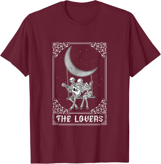 The Lovers Vintage Tarot Card Gothic Halloween Skeleton Moon T-Shirt - T-Shirt | Maroon