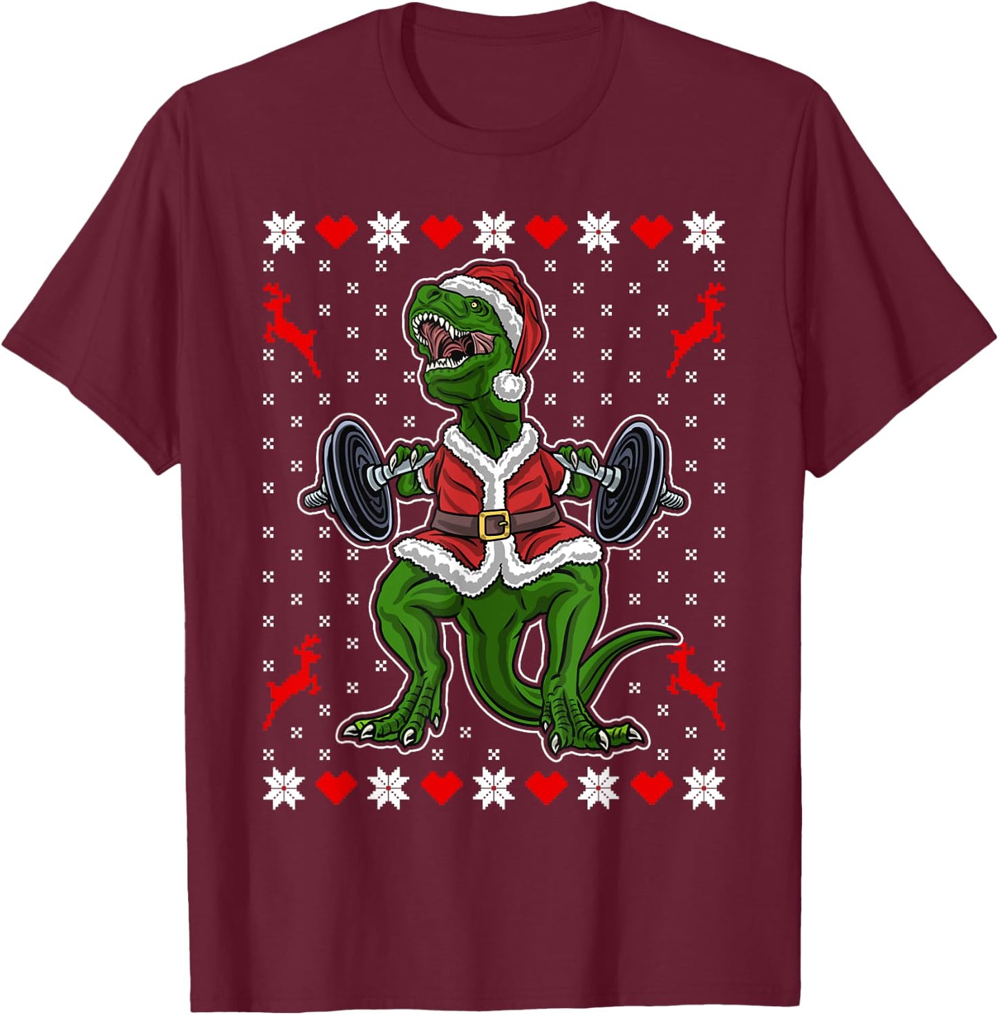 Cute T-Rex in the Gym - Funny Weight Lifting Christmas Dino T-Shirt - T-Shirt | Maroon