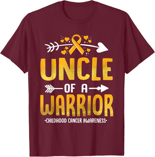 Uncle Of A Warrior Childhood Cancer Awareness Gold Ribbon T-Shirt - T-Shirt | Maroon