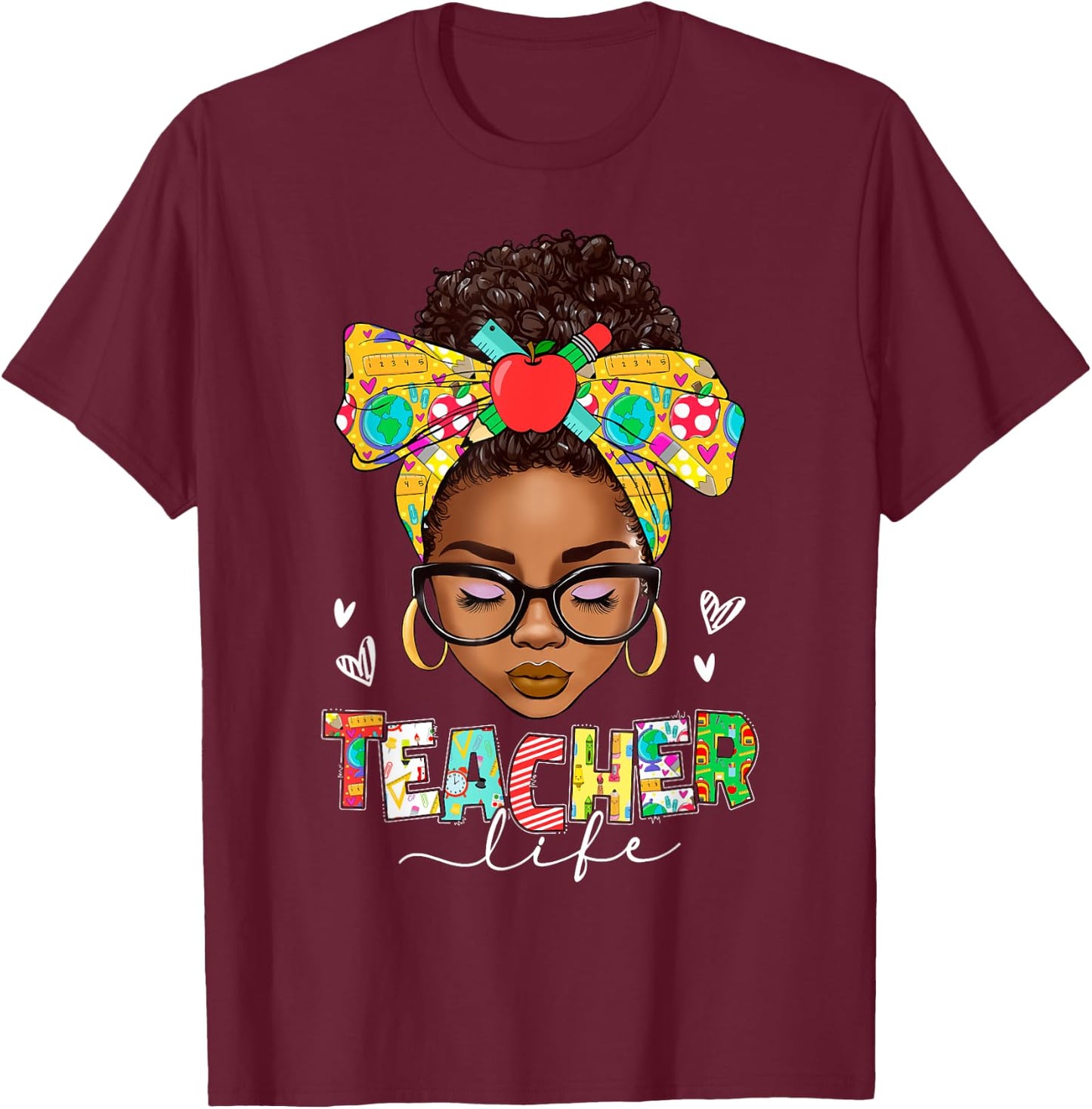Teacher Life Messy Bun Afro African American Back To School T-Shirt - T-Shirt | Maroon