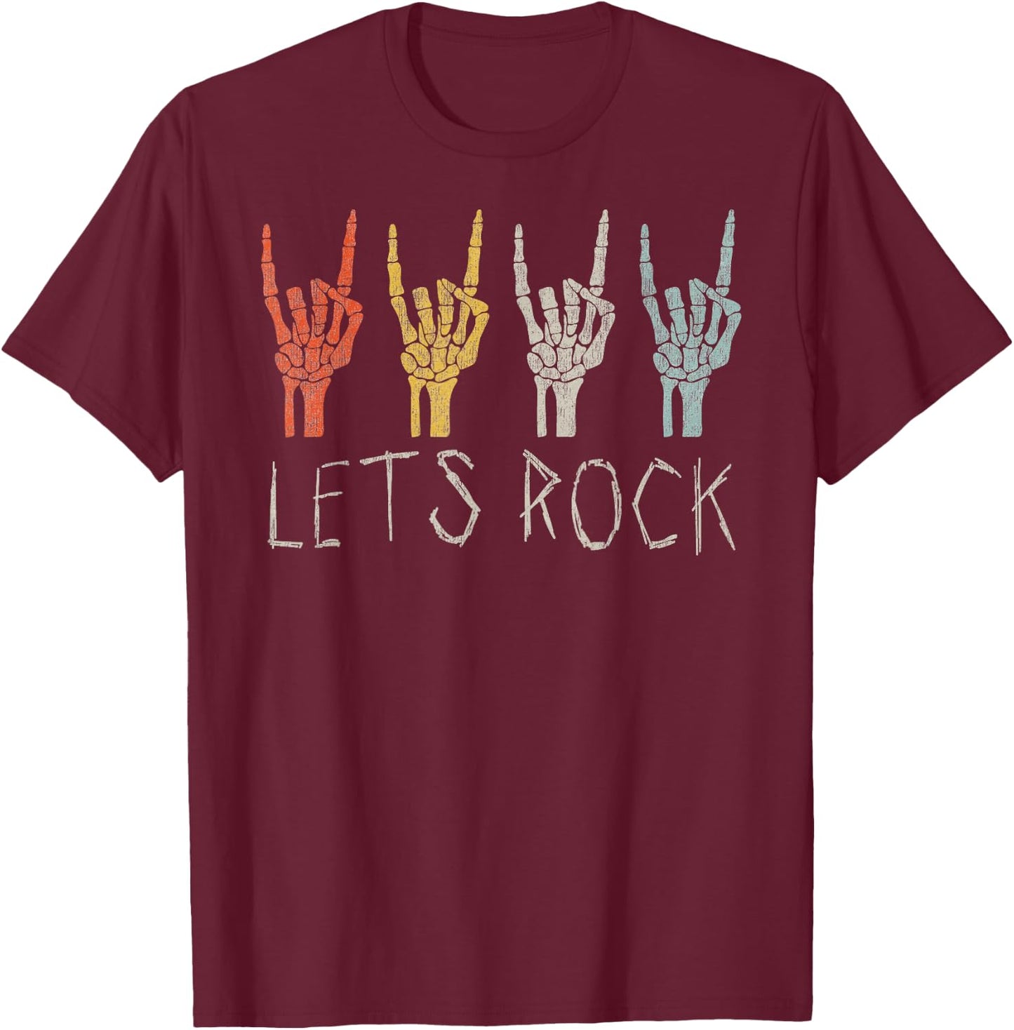 Rock and Roll Skeleton Let's Rock Hand Vintage T-Shirt - T-Shirt | Maroon