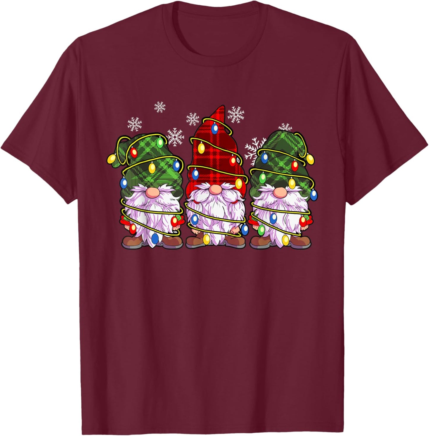Three Gnomes Wearing Plaid Wrapped In Christmas Lights T-Shirt - T-Shirt | Maroon