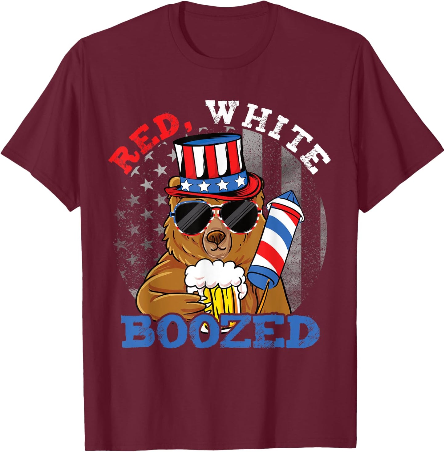 Red White Boozed Funny Bear Booze US 4th of July T-Shirt - T-Shirt | Maroon
