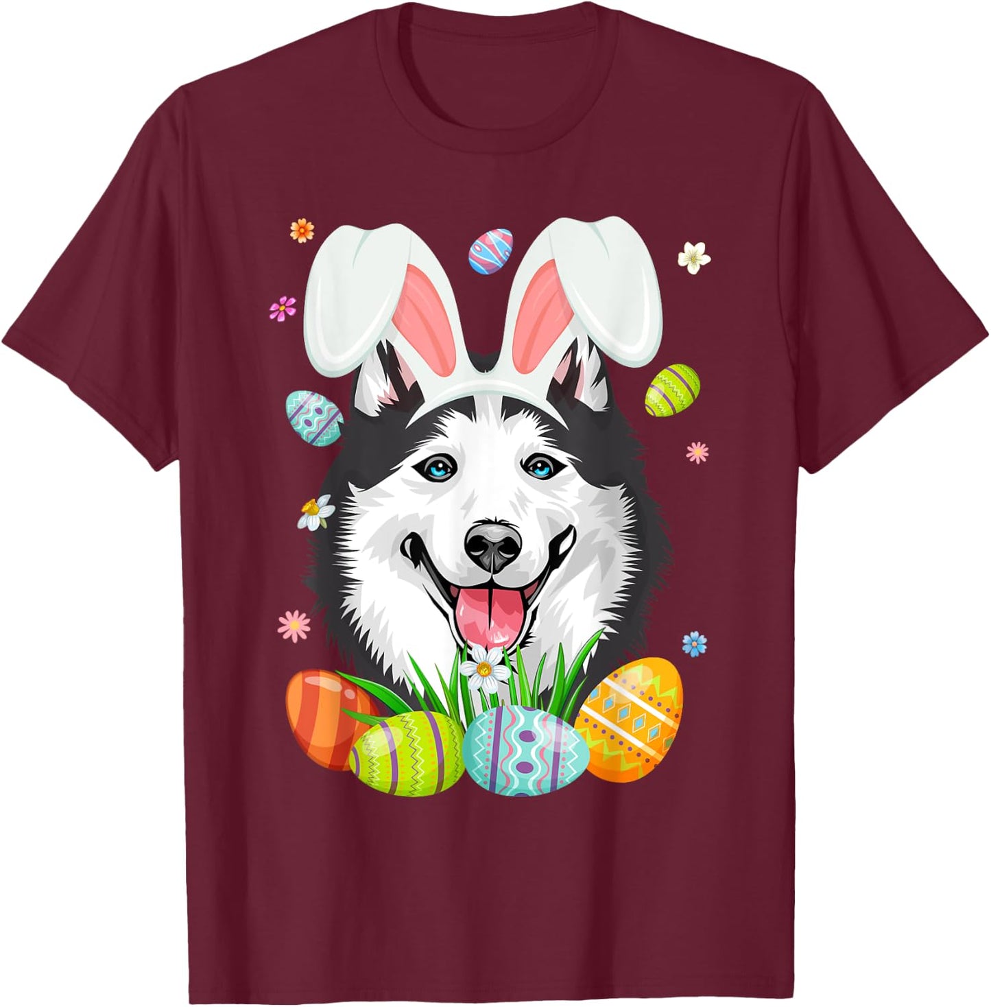 Cute Bunny Siberian Husky Dog Head & Easter Egg Easter Day Women Girls Kids T-Shirt - T-Shirt | Maroon
