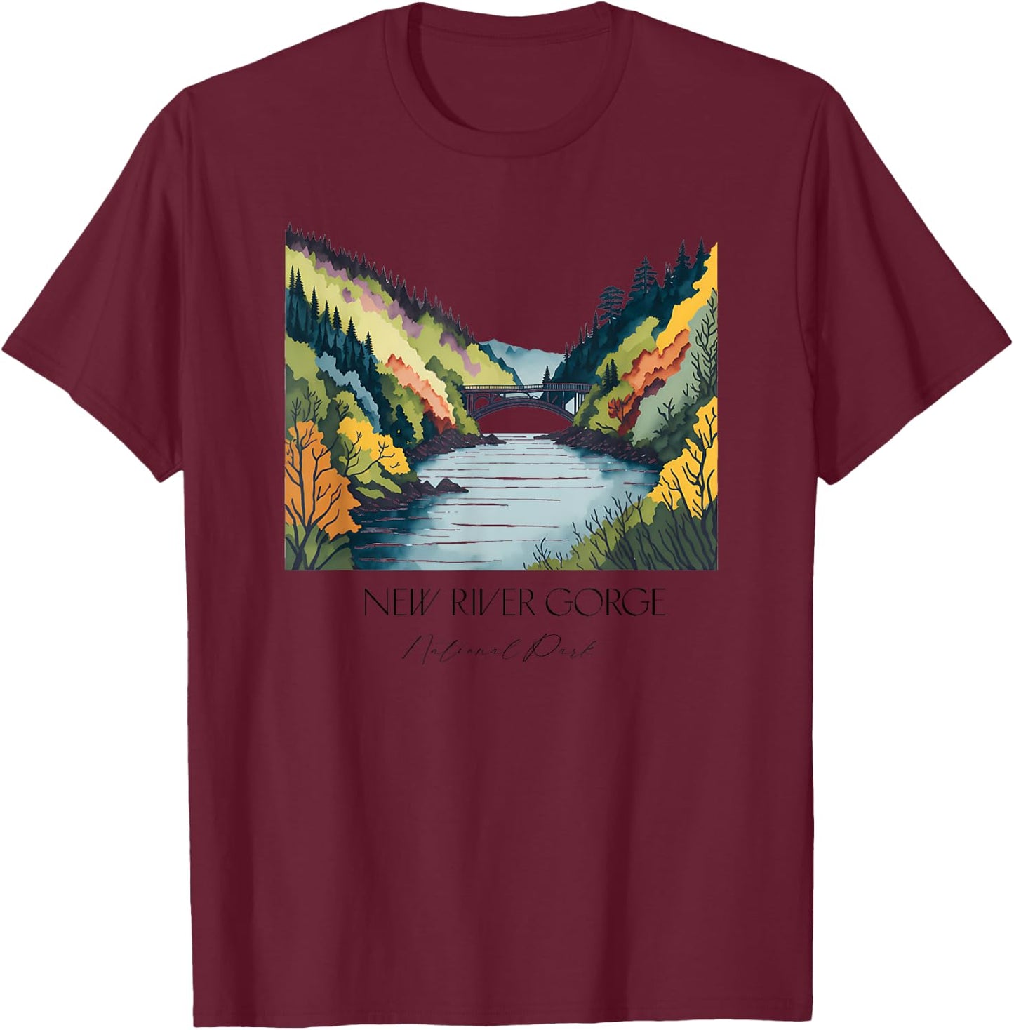 Cool New River Gorge National Park Hiking Watercolor Graphic T-Shirt - T-Shirt | Maroon