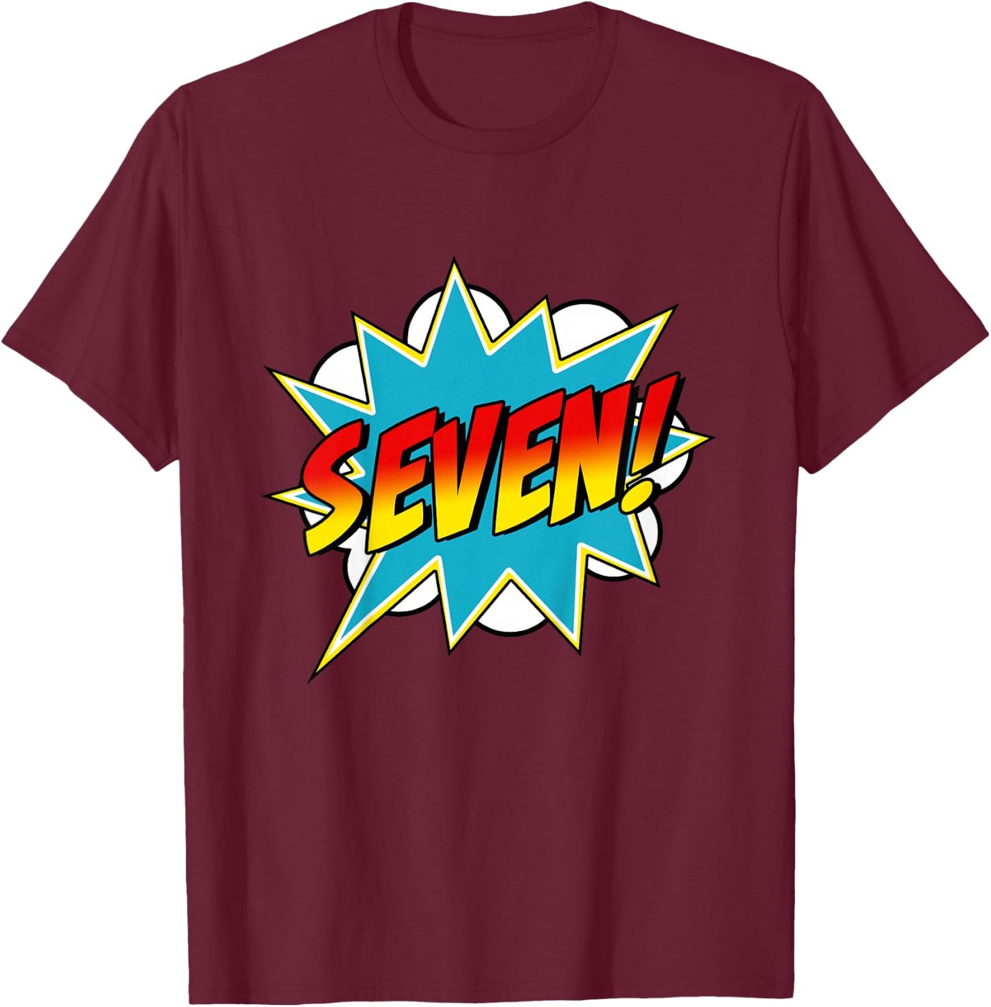 Seven! 7th Birthday Superhero Boys 7 Years Old Comic Book T-Shirt - T-Shirt | Maroon