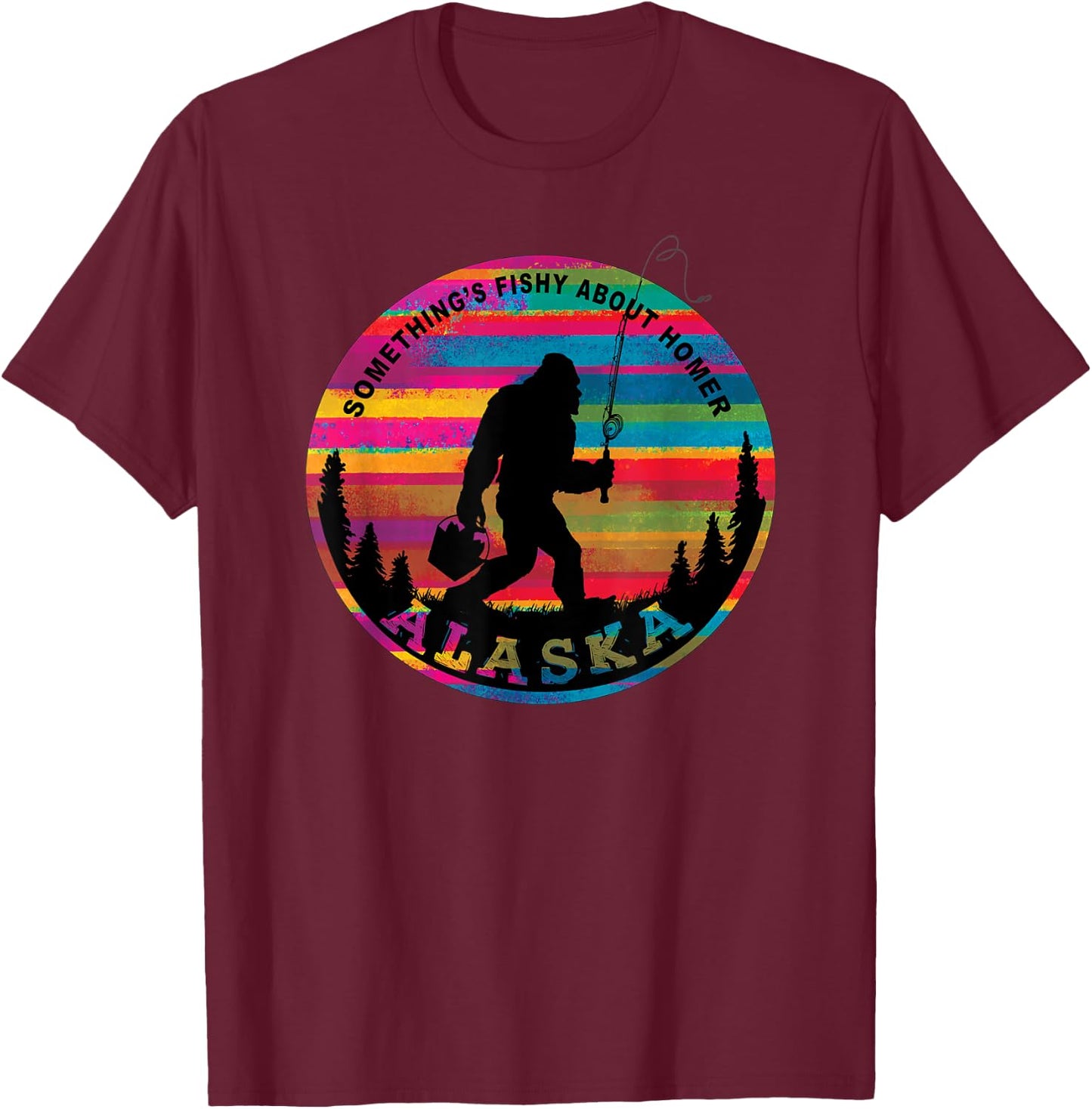 Homer Alaska Sasquatch Fishing Kenai Peninsula Borough T-Shirt - T-Shirt | Maroon
