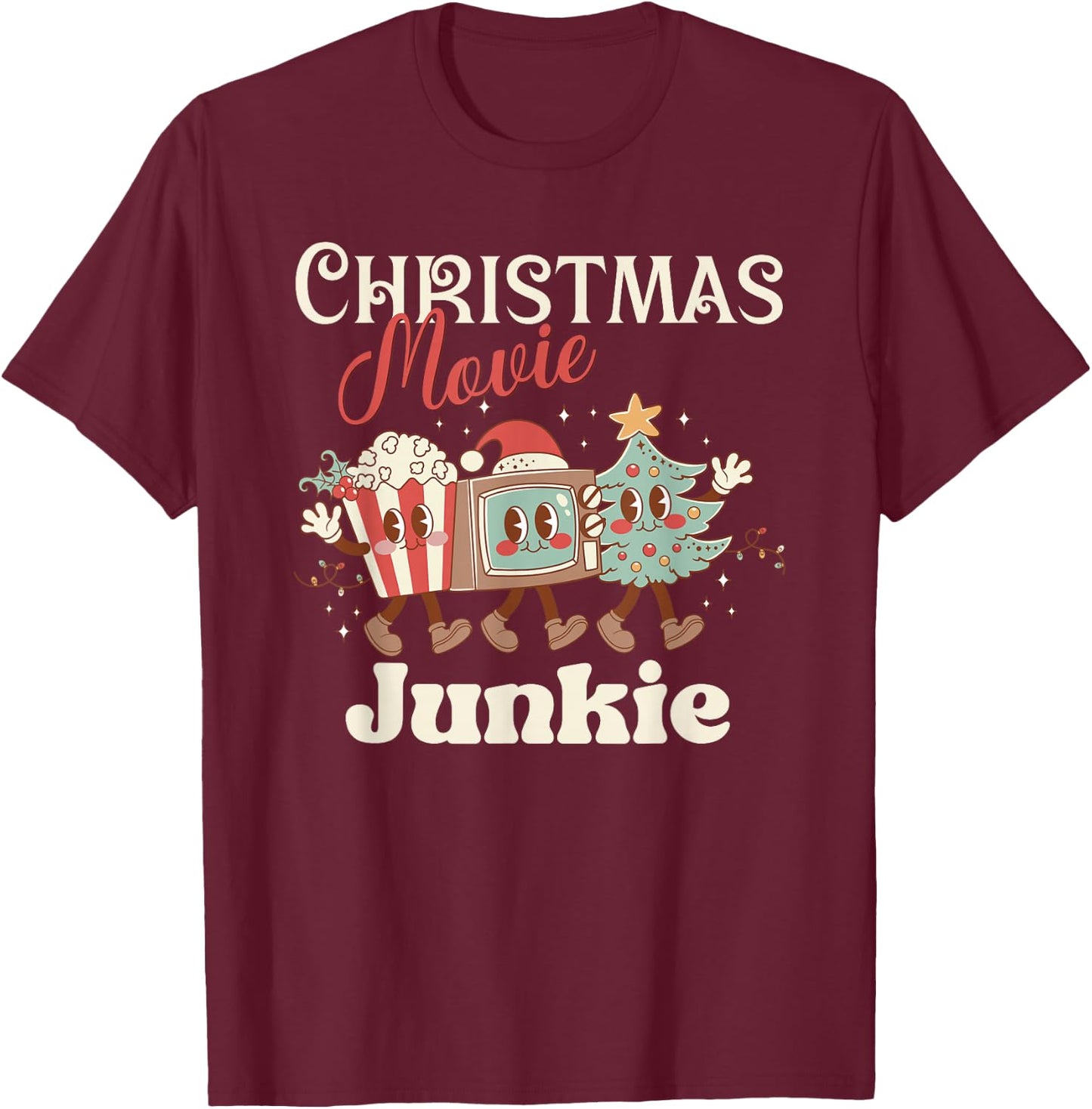 Christmas Movie Junkie Cute Retro Vintage Holiday T-Shirt - T-Shirt | Maroon