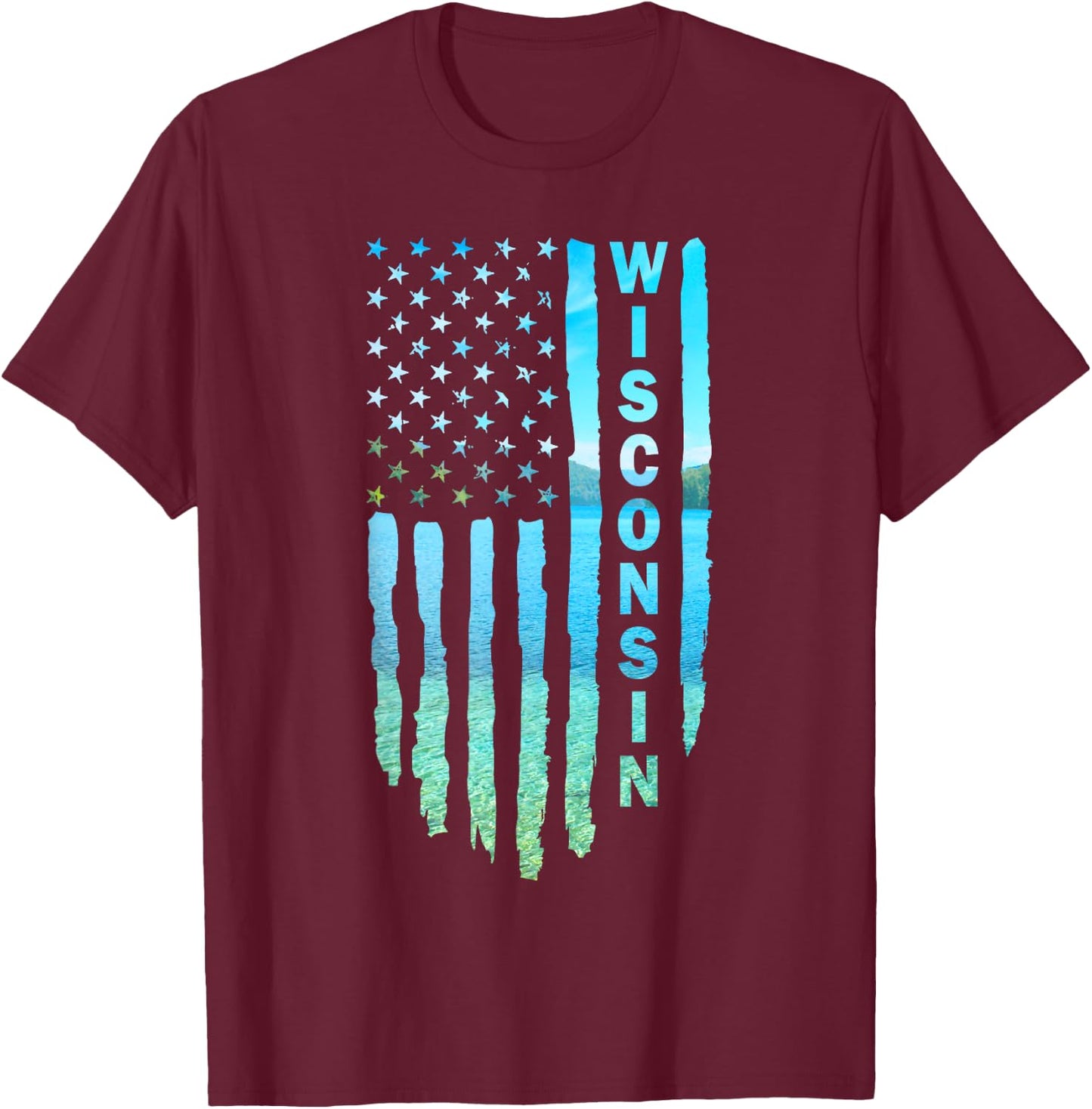 Wisconsin Fishing American Flag T-Shirt - T-Shirt | Maroon