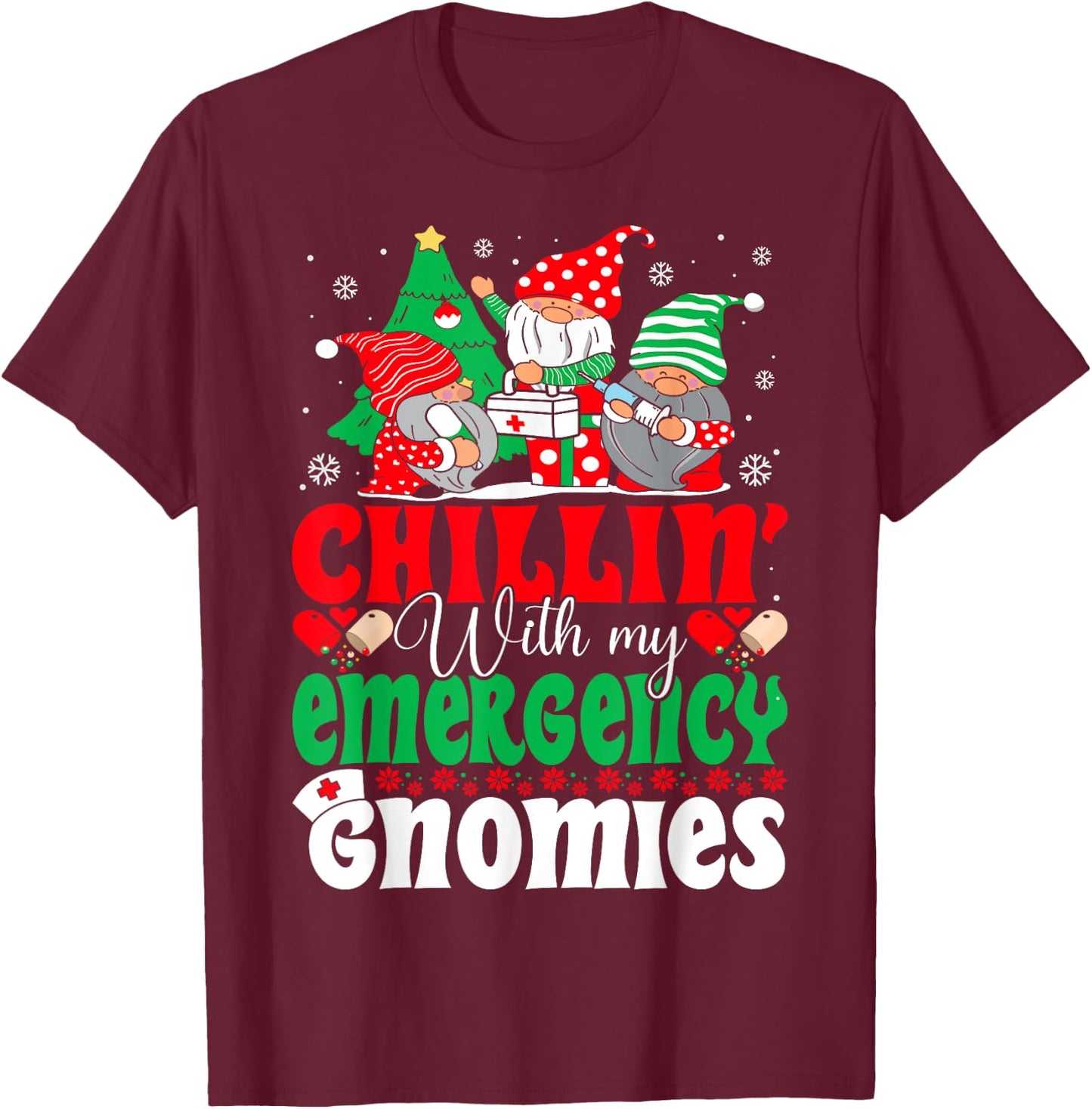 Emergency Nurse Gnomes Funny ER Nurse Christmas T-Shirt - T-Shirt | Maroon