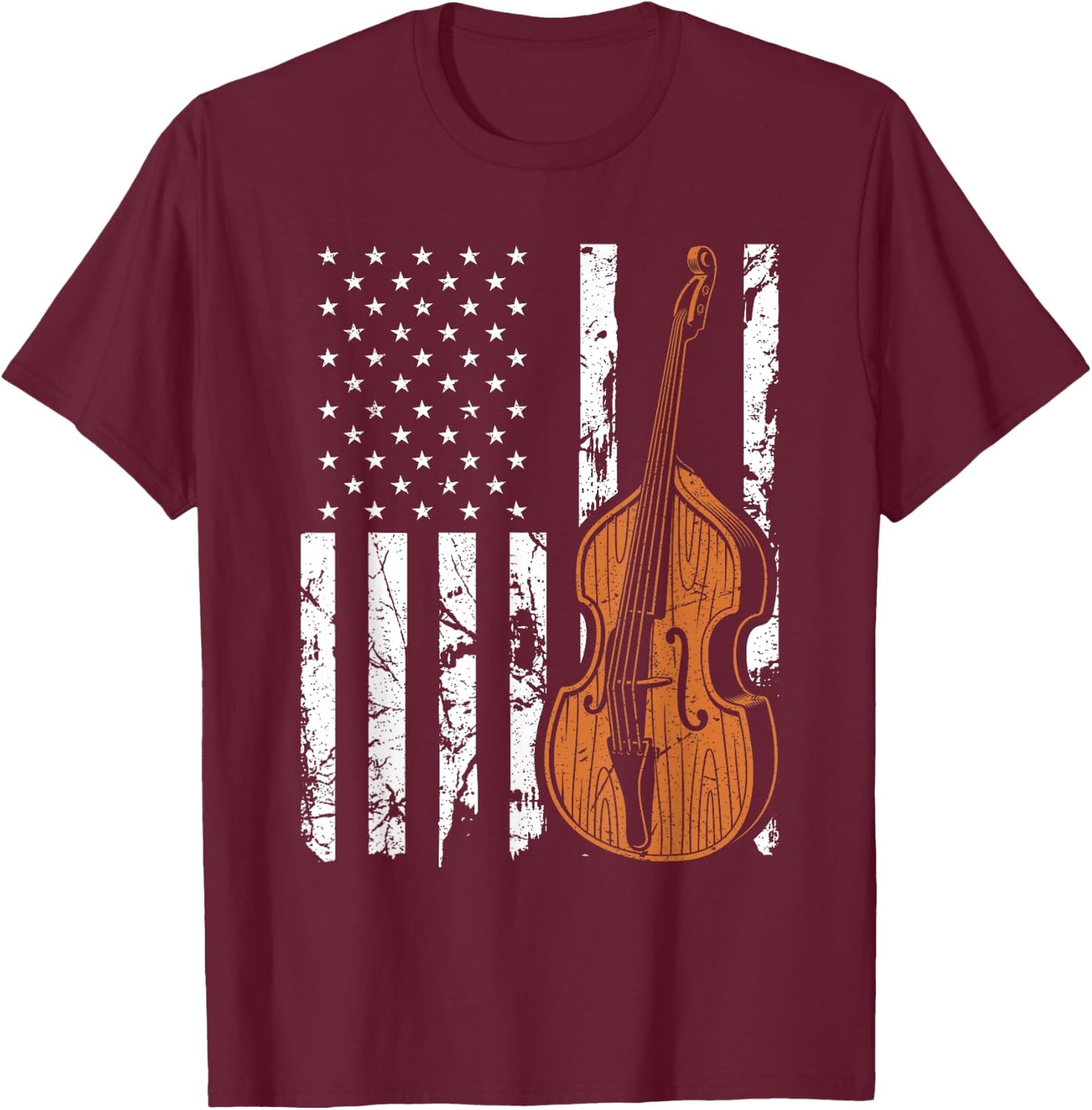 Upright Bass American Flag, Patriotic Double Bass Fiddle Women Men T-Shirt - T-Shirt | Maroon