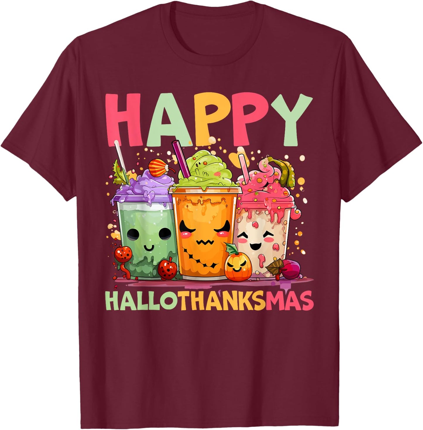 Happy Hallothanksmas Halloween Thanksgiving Christmas T-Shirt - T-Shirt | Maroon