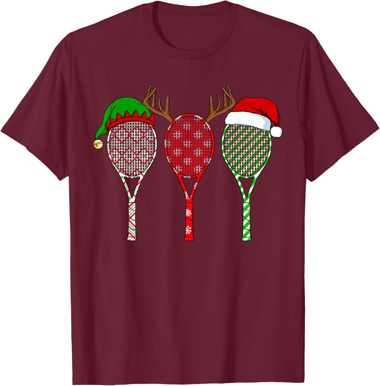 Tennis Racket Christmas Hat Reindeer Anlter Game Sport T-Shirt - T-Shirt | Maroon