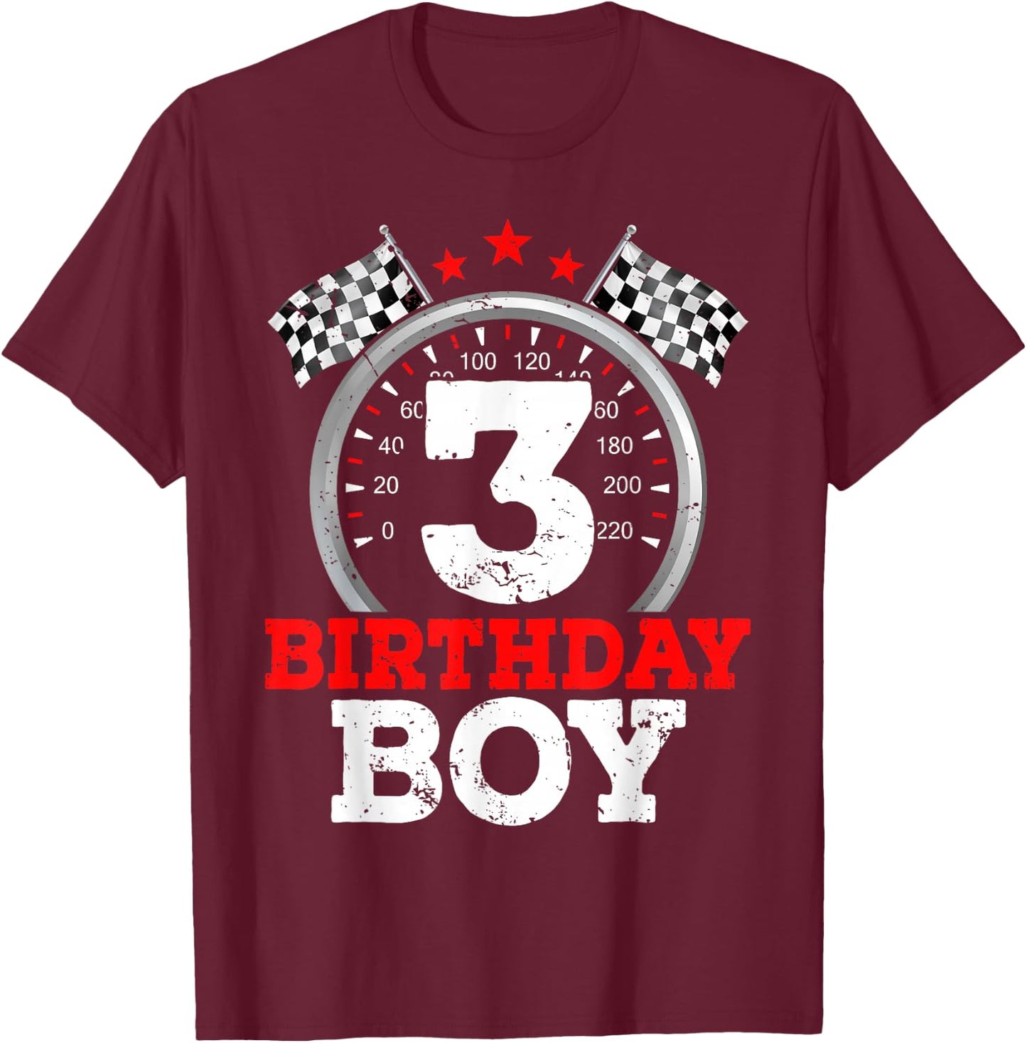 Number 3 Racing Car Funny 3rd Birthday Boy Checkered Flag T-Shirt - T-Shirt | Maroon