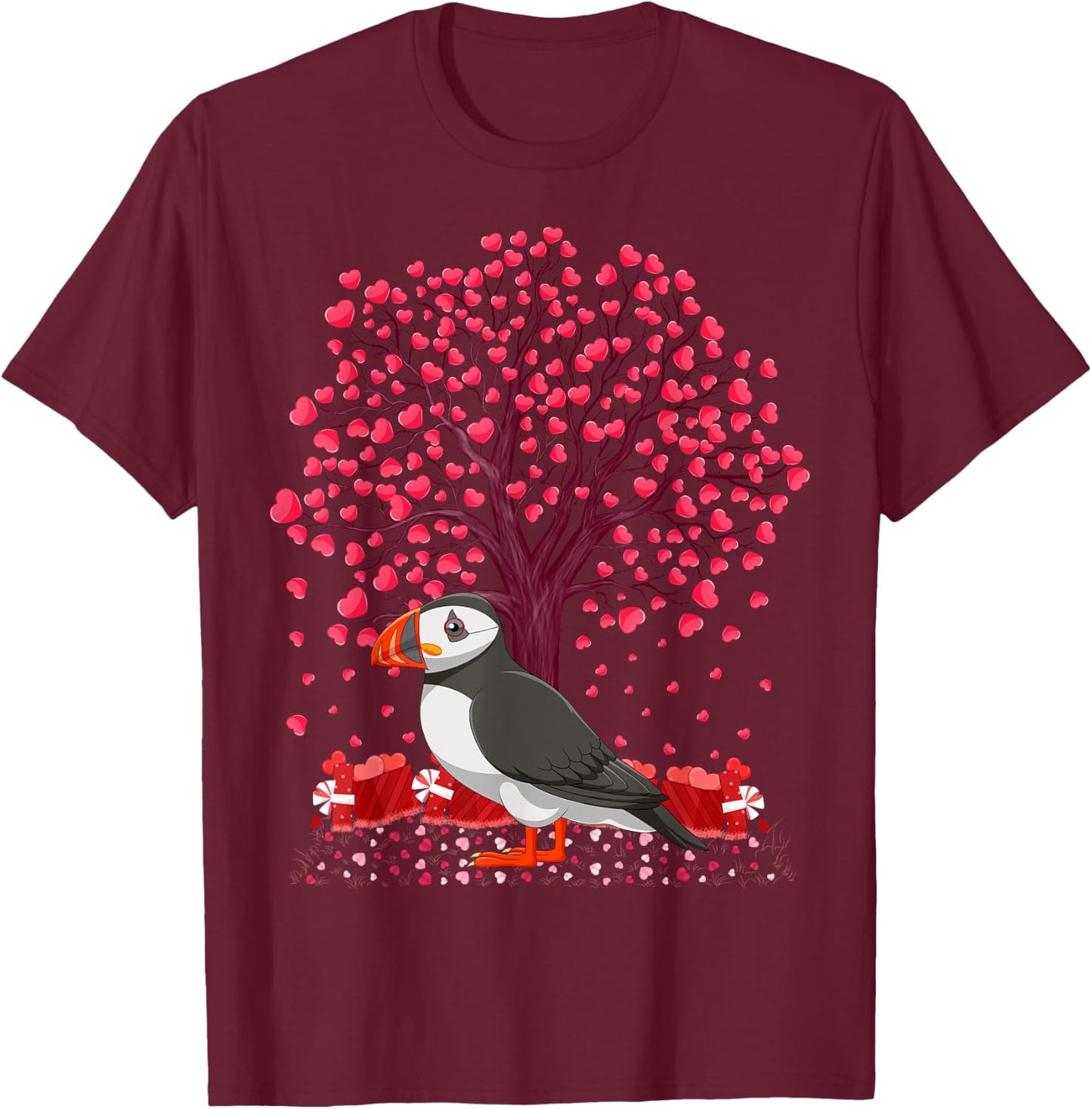 Puffin Bird Lover Heart Tree Puffin Valentine's Day T-Shirt - T-Shirt | Maroon