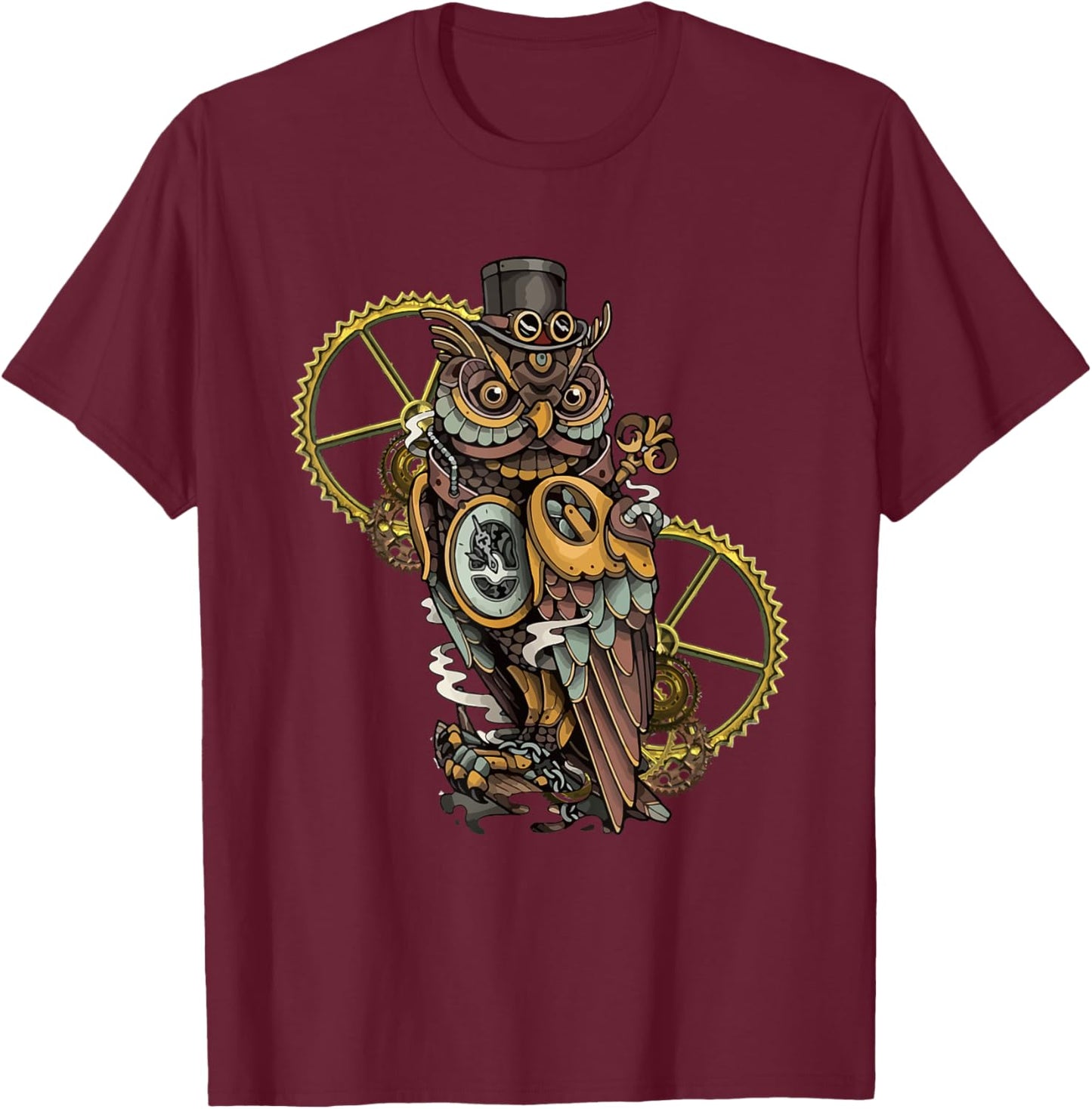 Steampunk Owl Art Bird Lovers T-Shirt - T-Shirt | Maroon