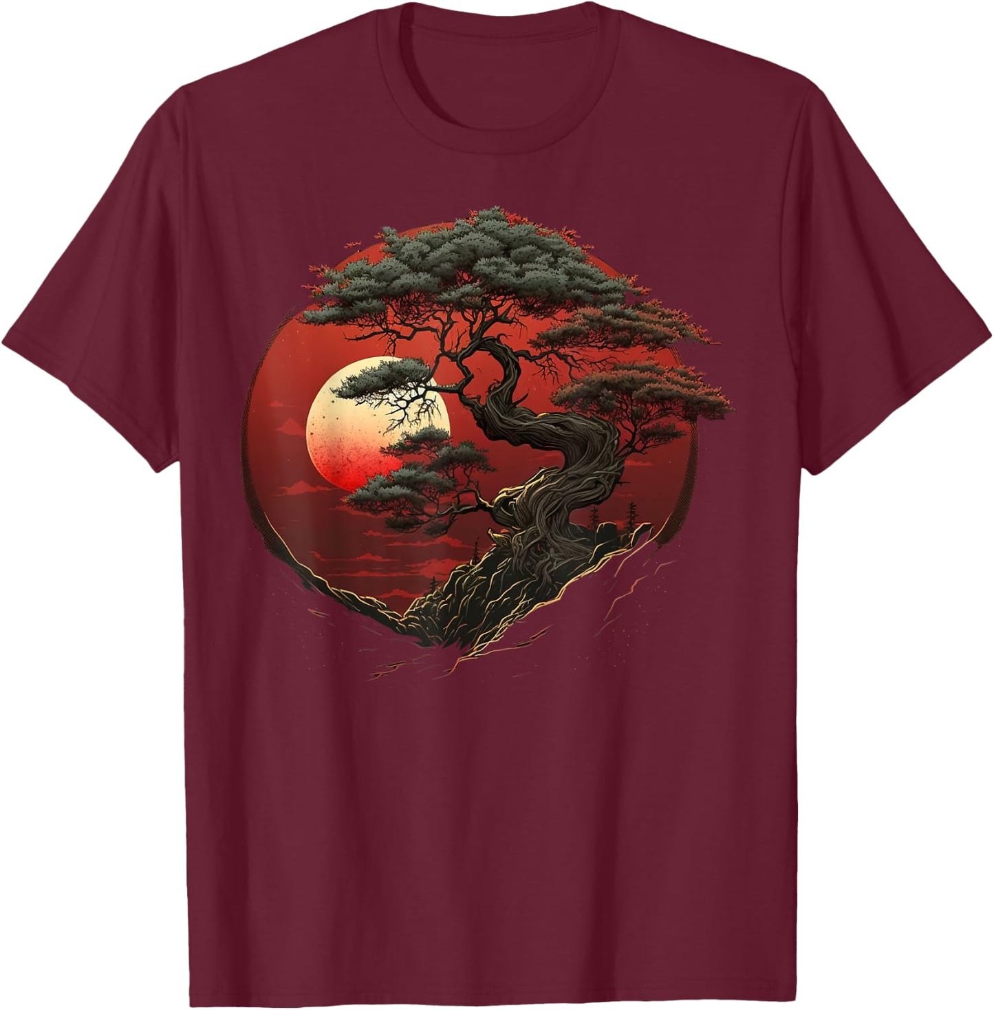 Red Japanese Bonsai sun on Bonsai Tree T-Shirt - T-Shirt | Maroon