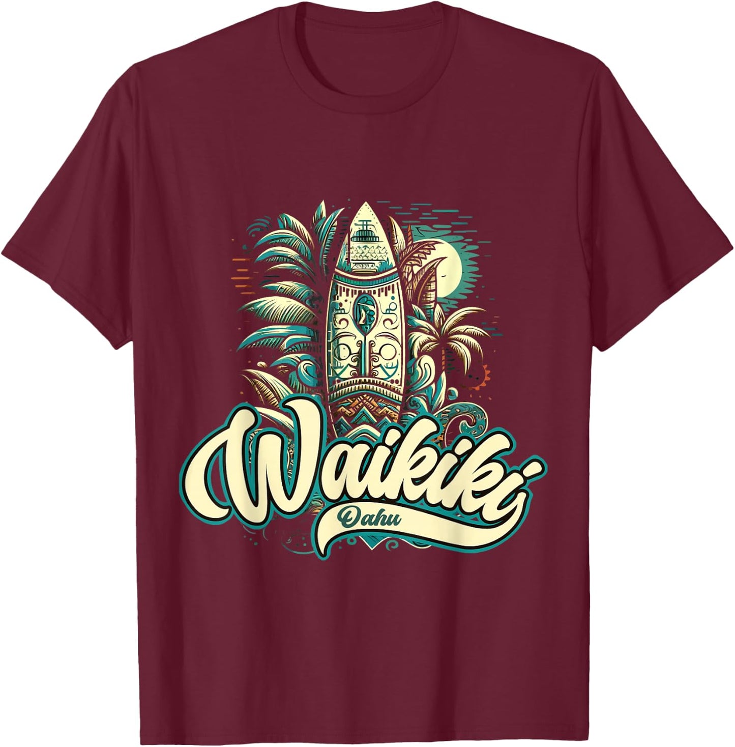 Waikiki Beach Polynesian Hawaii Surf Design T-Shirt - T-Shirt | Maroon