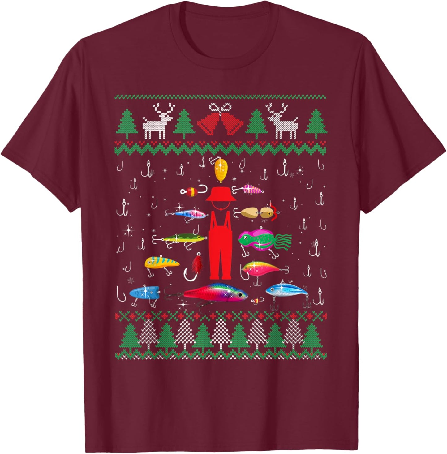 Fishing Lures Christmas Tree Fisherman Ugly Xmas Sweater Men T-Shirt - T-Shirt | Maroon