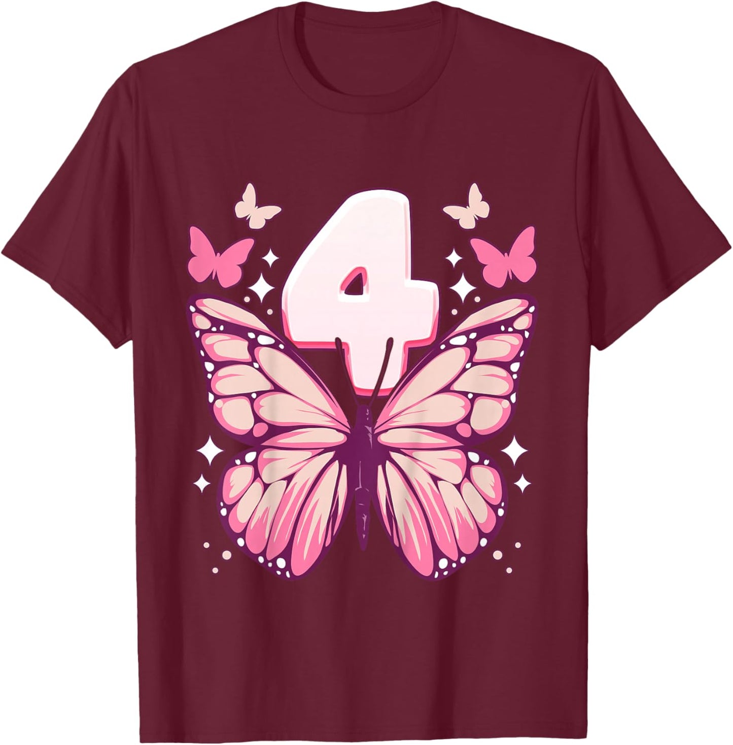 Birthday Girl 4 years, Butterflies and Number 4 T-Shirt - T-Shirt | Maroon